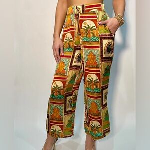 Cropped Colorful Print Patterned Satin Women's Pants